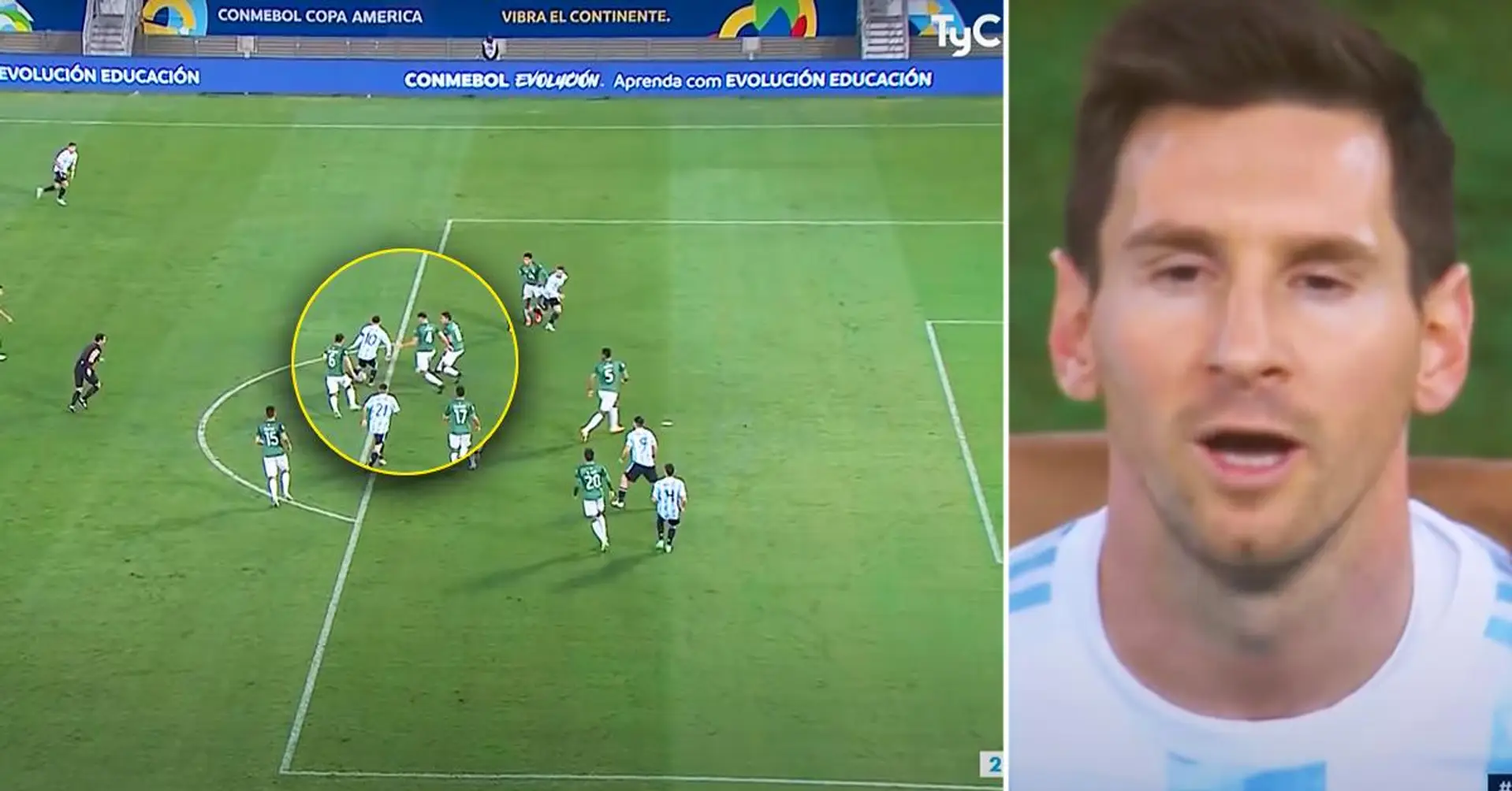 Leo Messi réussit une passe décisive malgré le fait qu'il soit entouré de 3 défenseurs boliviens