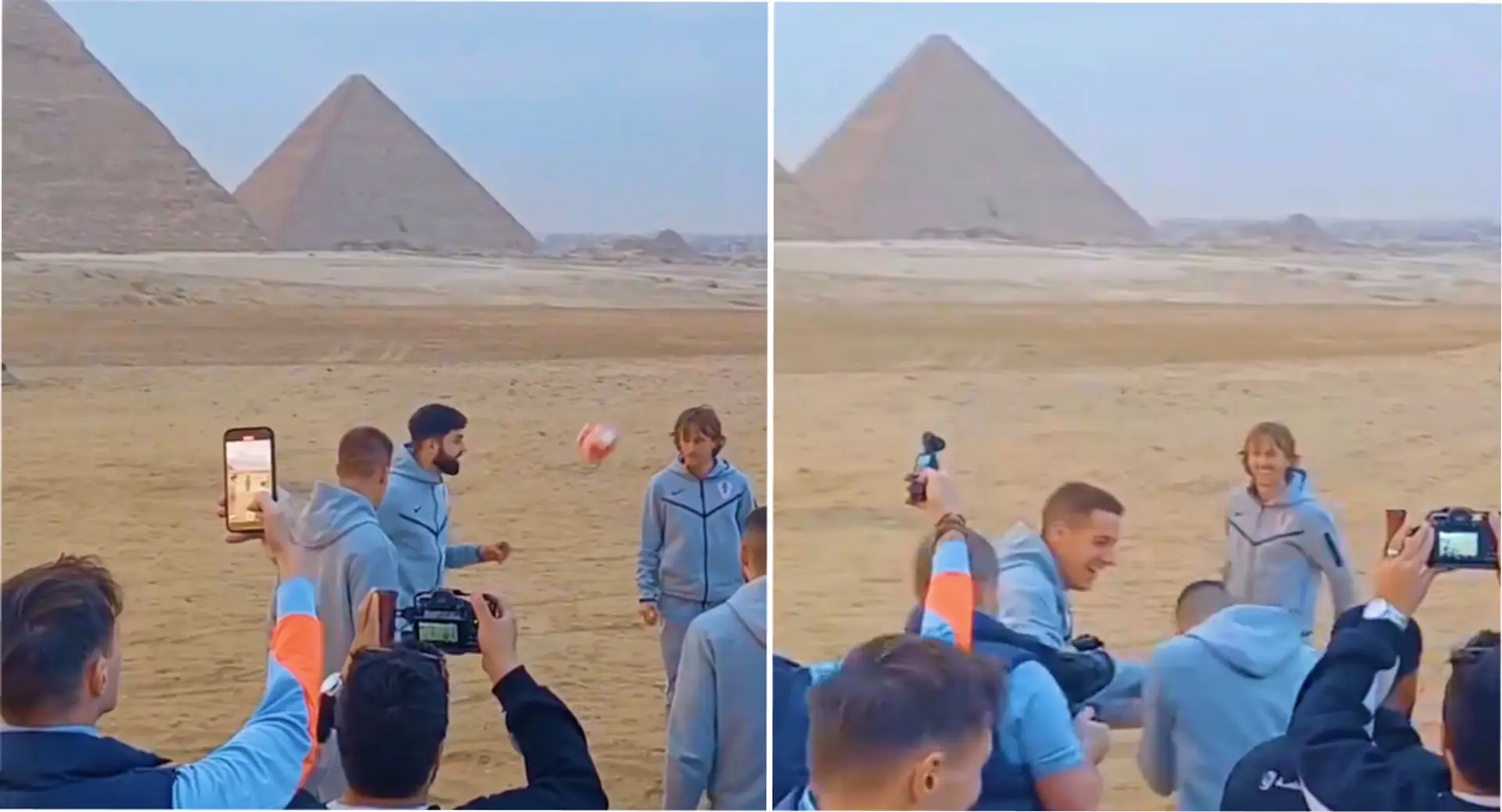 Luka Modric kickt mit kroatischen Teamkollegen den Ball vor den Pyramiden von Gizeh