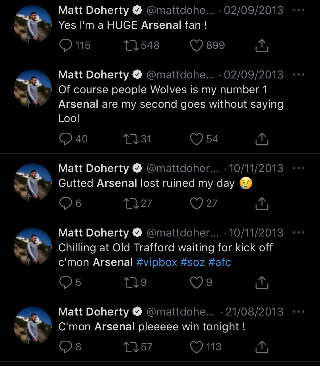 HUGE Arsenal fan Matt Doherty deletes his tweets regarding Gunners on his unveiling at Tottenham in hilarious fashion
