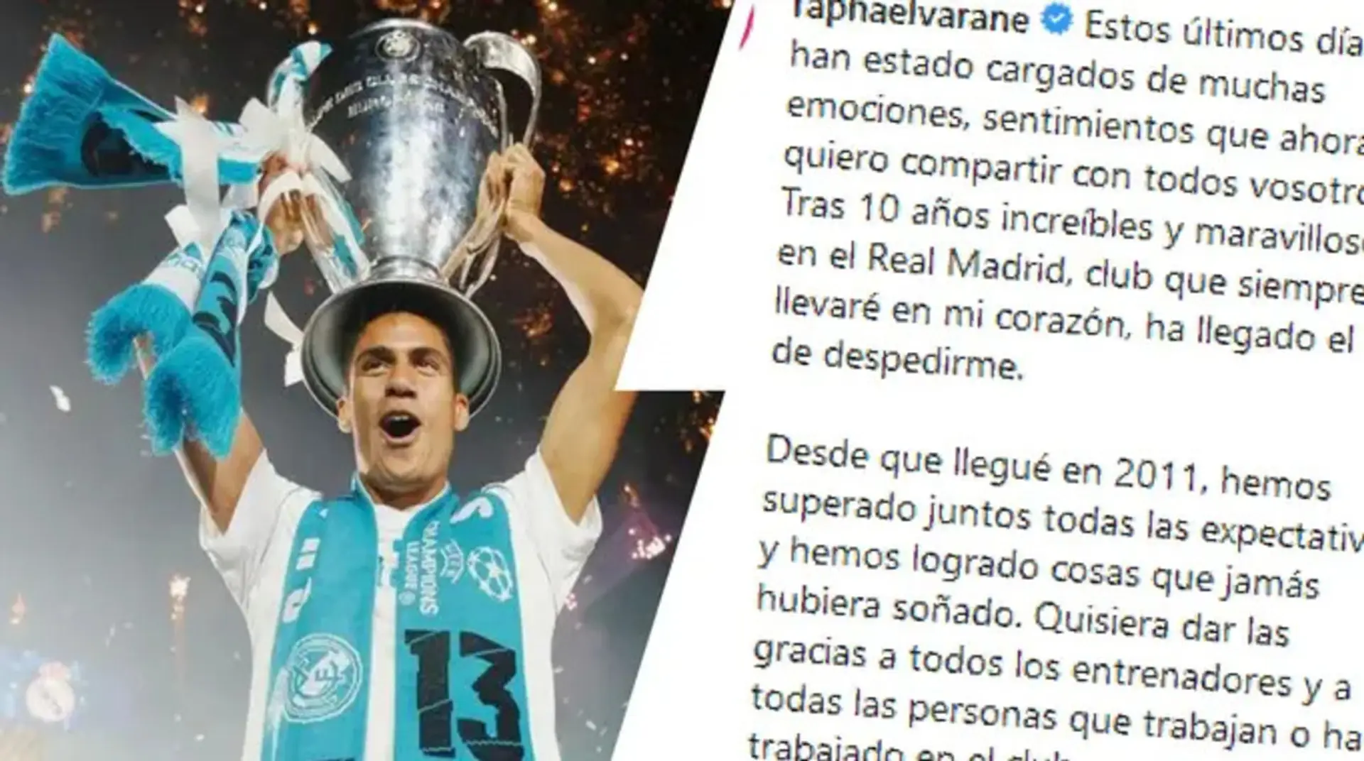 'Ha llegado el día de despedirme': Varane escribe una carta emotiva de despedida al Real Madrid y la afición