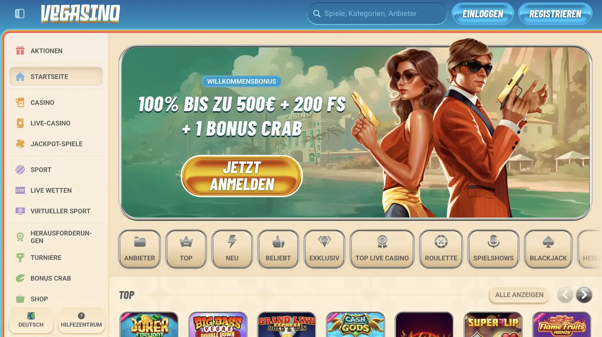 NV Casino Online Spieloberfläche mit Slot-Spielen und Bonus-Hinweisen