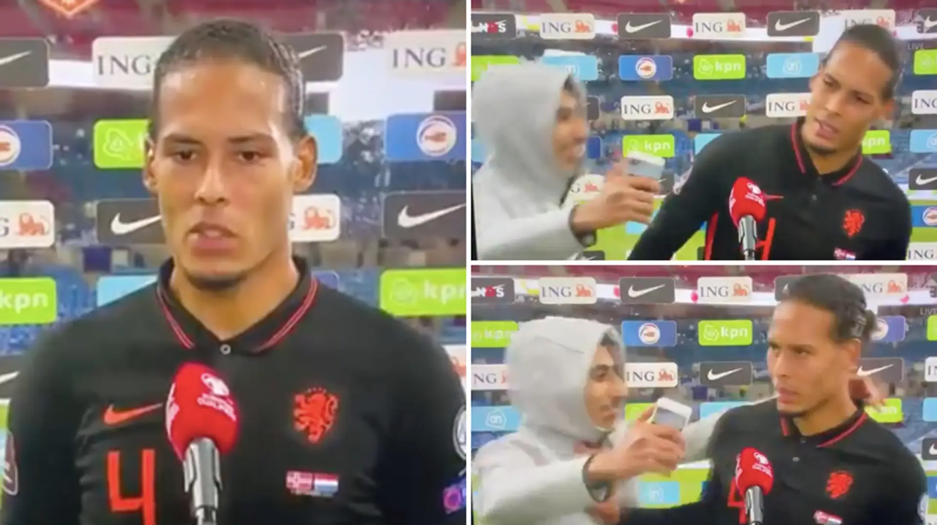 Virgil van Dijk schiebt Fan weg, der das Live-TV-Interview unterbrochen hat, um ein Selfie zu machen