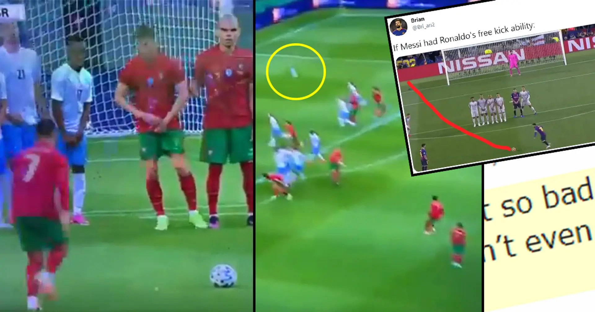 'Not sure that trying to shoot the ball to Argentina is the way to catch up with Messi': Fans mock Cristiano as his arguably worst ever free-kick goes viral