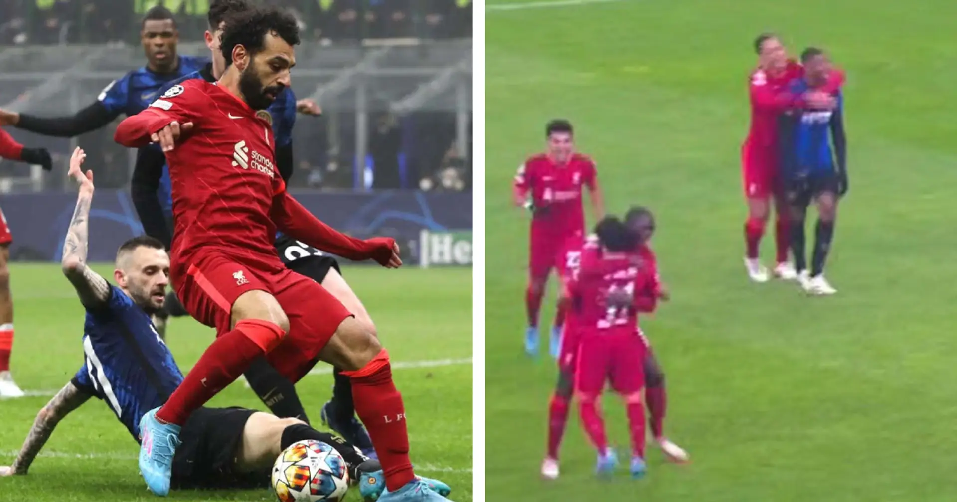 Virgil van Dijk feiert das Tor von Mo Salah gegen Inter mit einer Umarmung des Nationalteamkollegen Denzel Dumfries