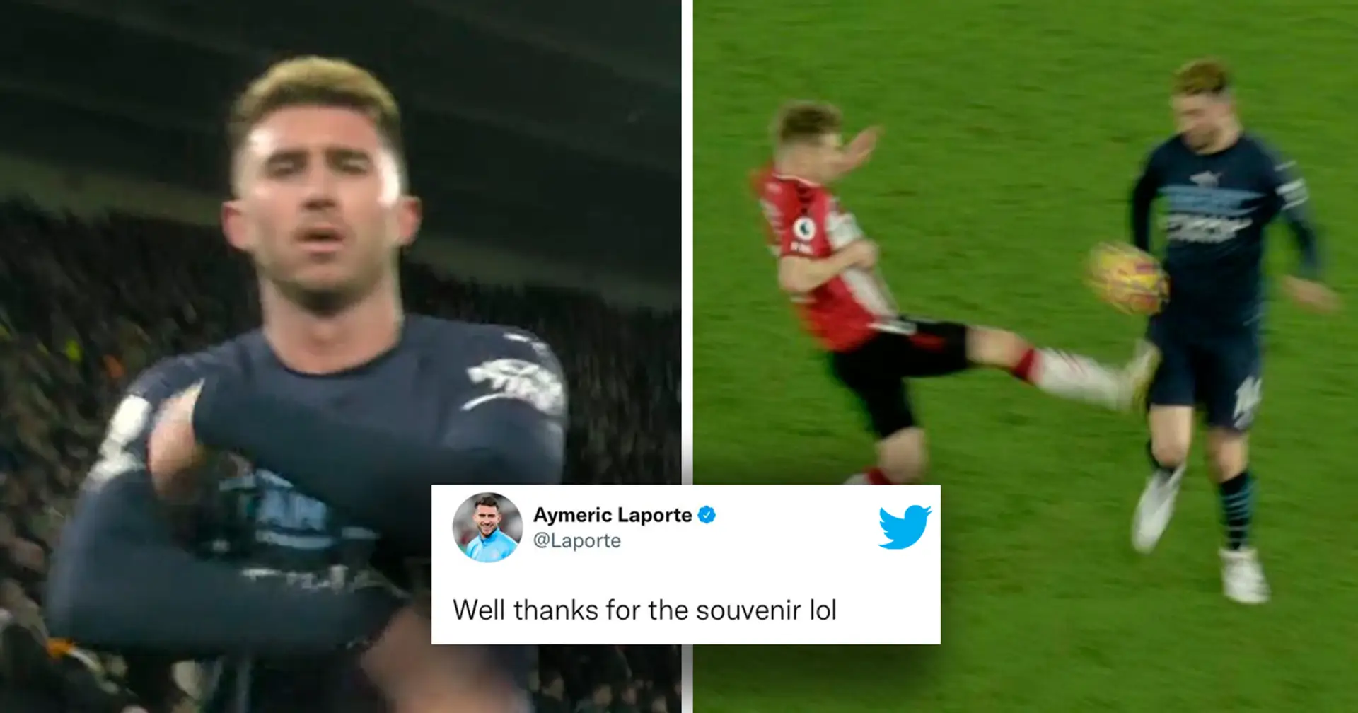 Aymeric Laporte shows off a horrible gash on his leg after Stuart Armstrong’s tackle