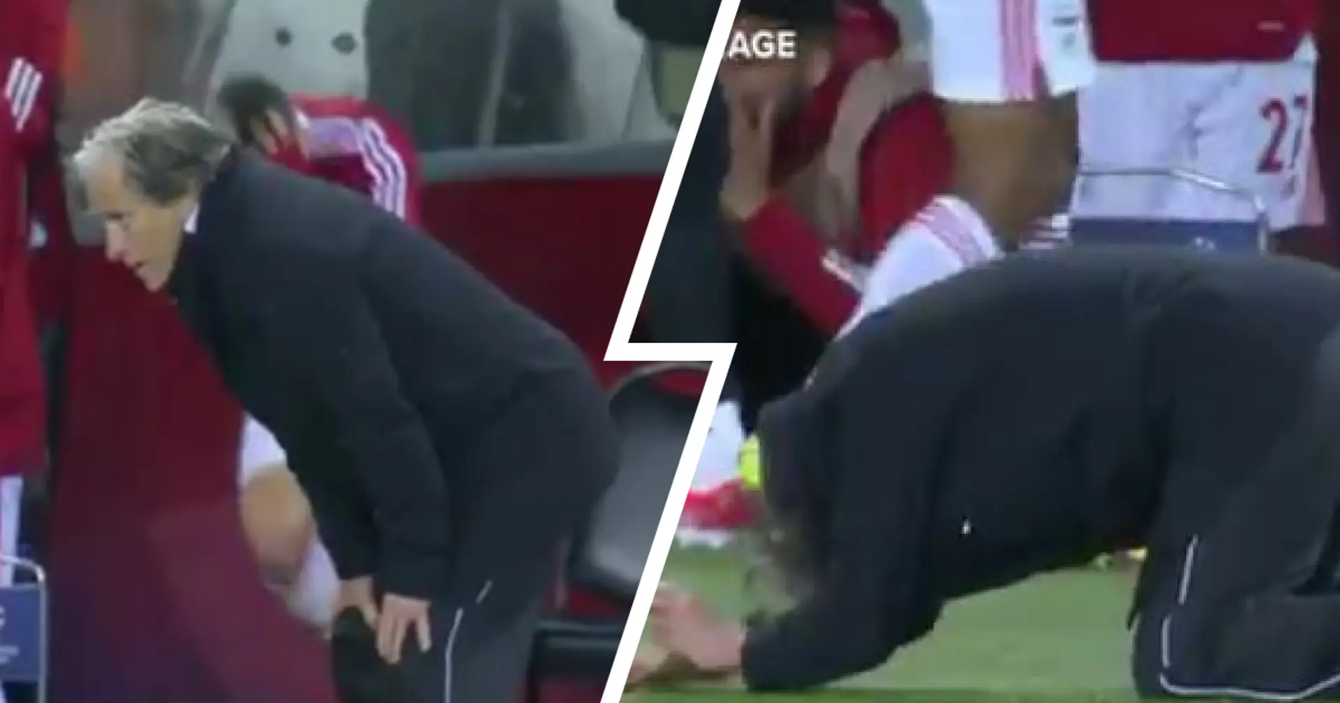 Spotted: Benfica manager collapses in anguish after his team misses last minute chance to beat Barca