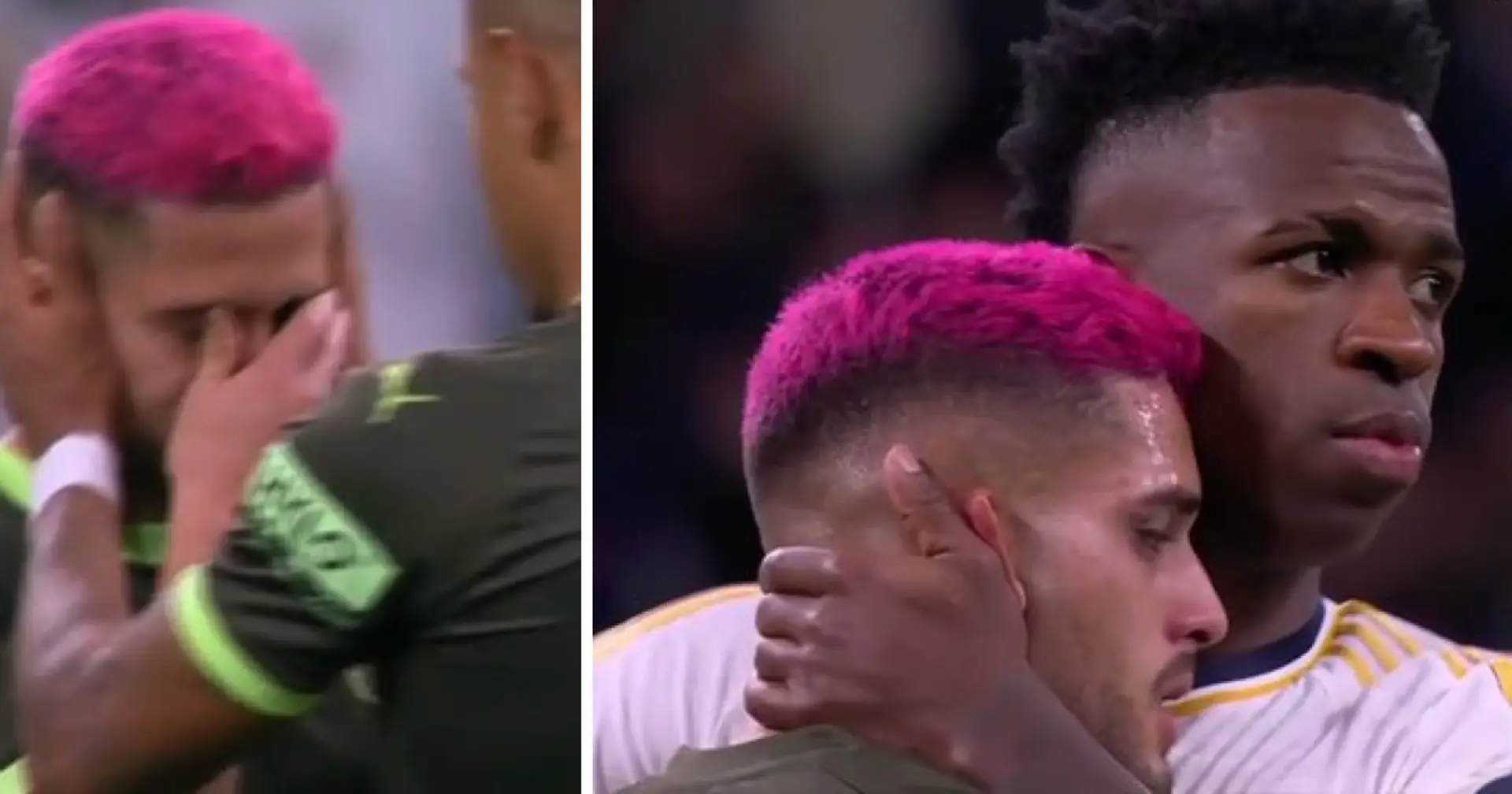 Vinicius réconforte Yan Couto qui pleure après avoir réalisé un 0/10 en prestation vs le Real Madrid, club de ses rêves