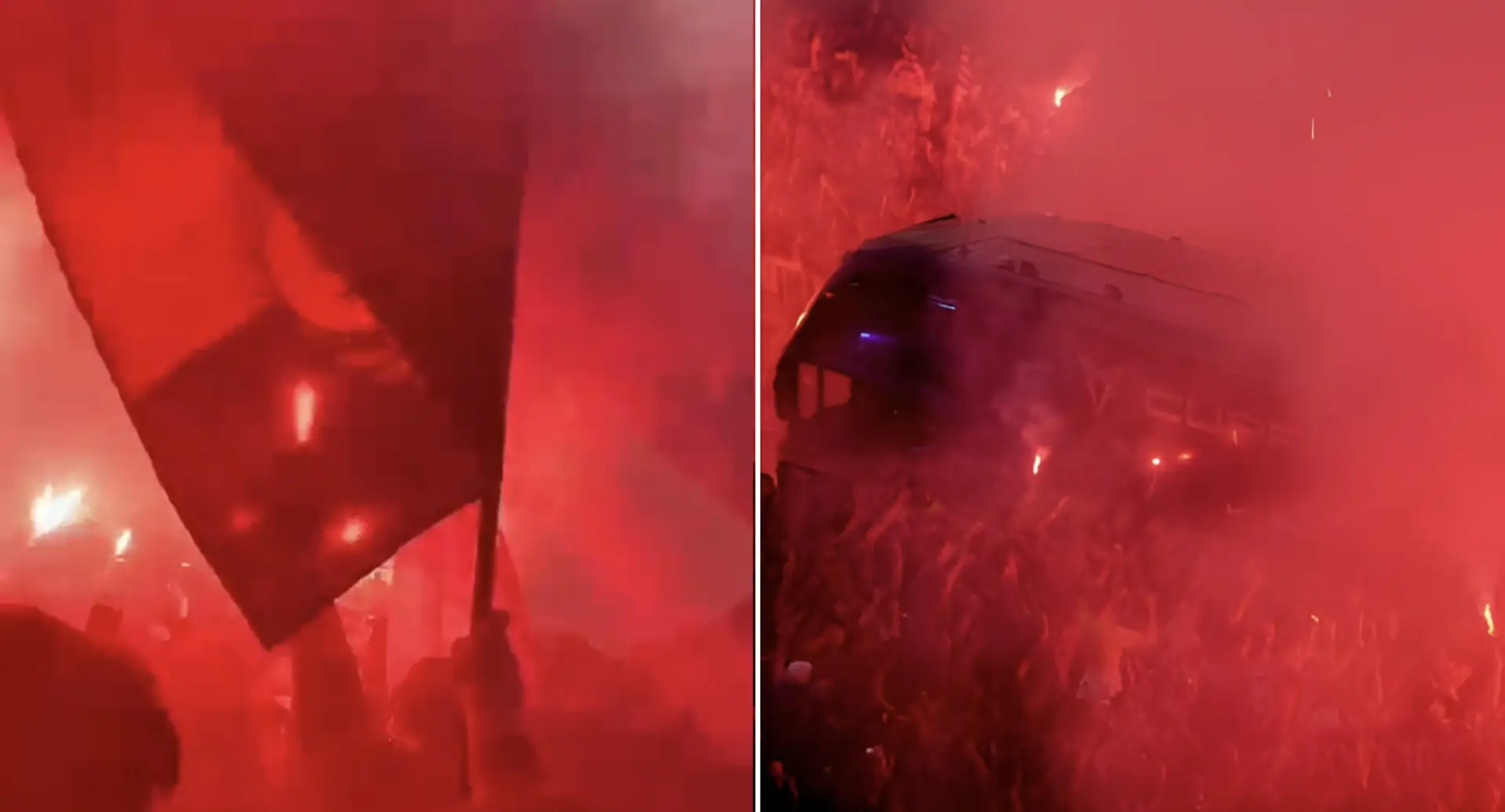 Fire-lit scenes as Barca players arrive at Montjuic for Napoli showdown