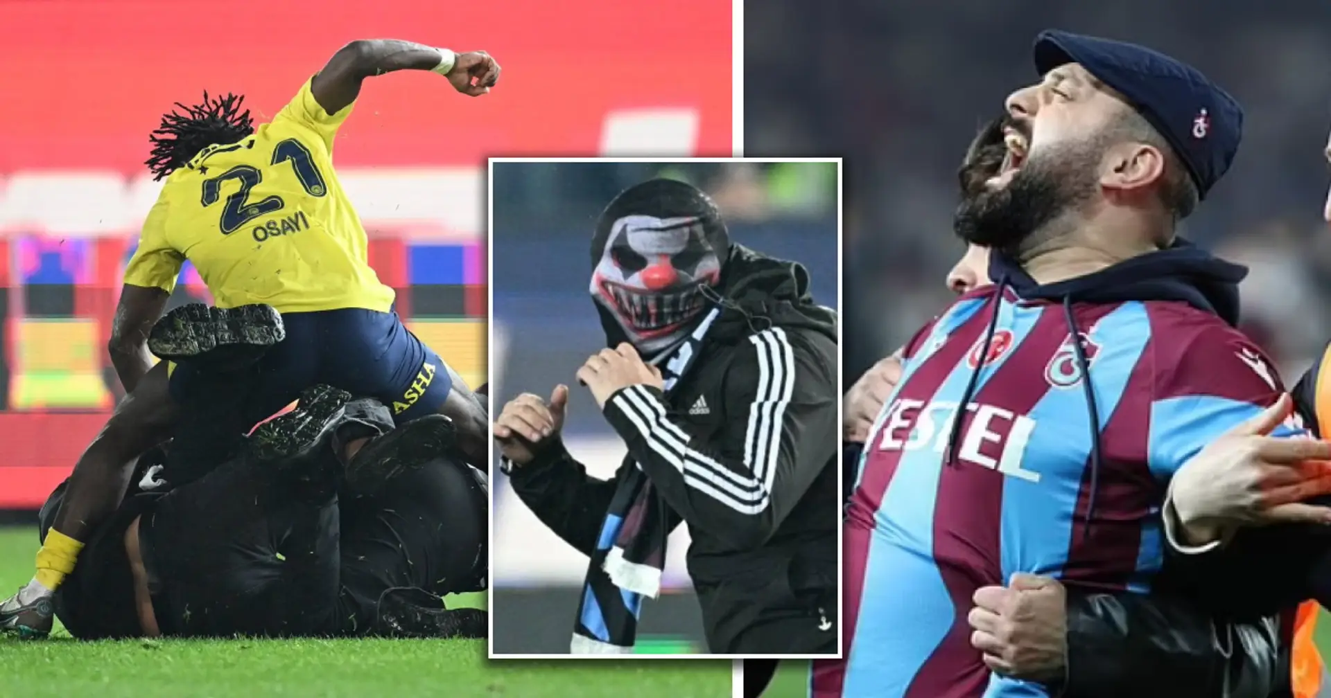 Fenerbahce player throws punches at his attacker after Trabzonspor fans storm the pitch 