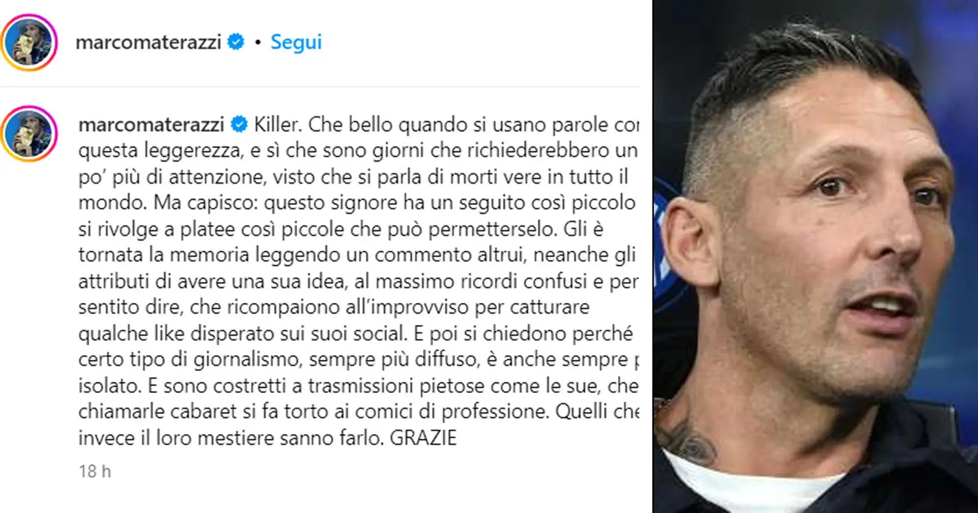Un giornalista provoca Materazzi sui social, la risposta della leggenda dell'Inter è da signore: "Fallo da vero Killer? Parole usate con leggerezza