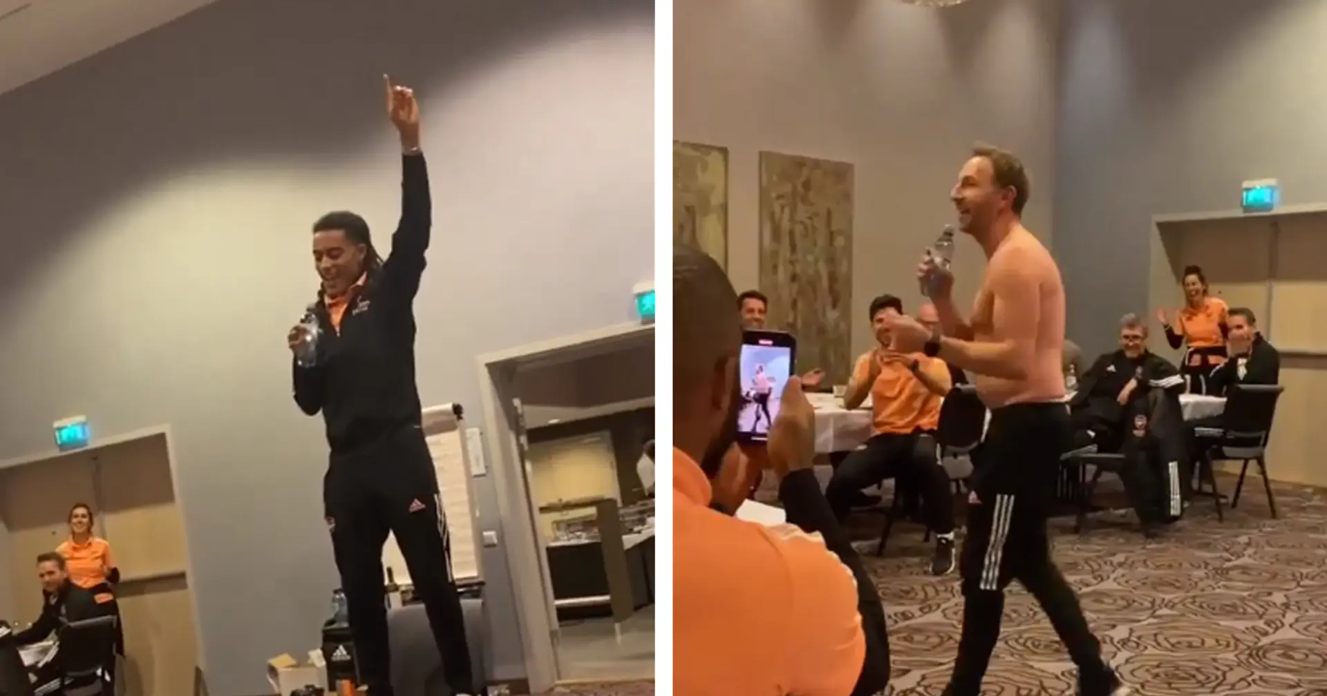 Pop star Azeez and bare-chested coach Georgson sing initiation songs as Arsenal get stuck in Norway (video)