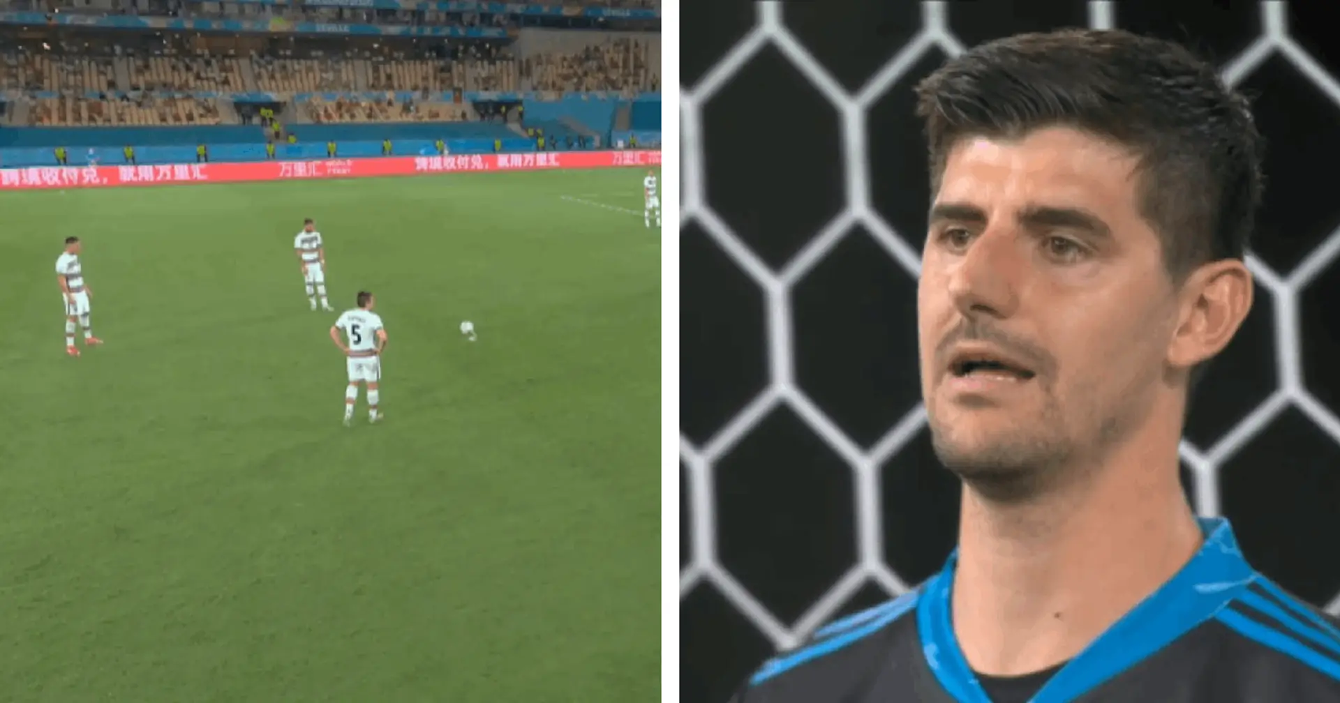 Camera spots Courtois reaction with  super confident Cristiano Ronaldo about to smash free-kick