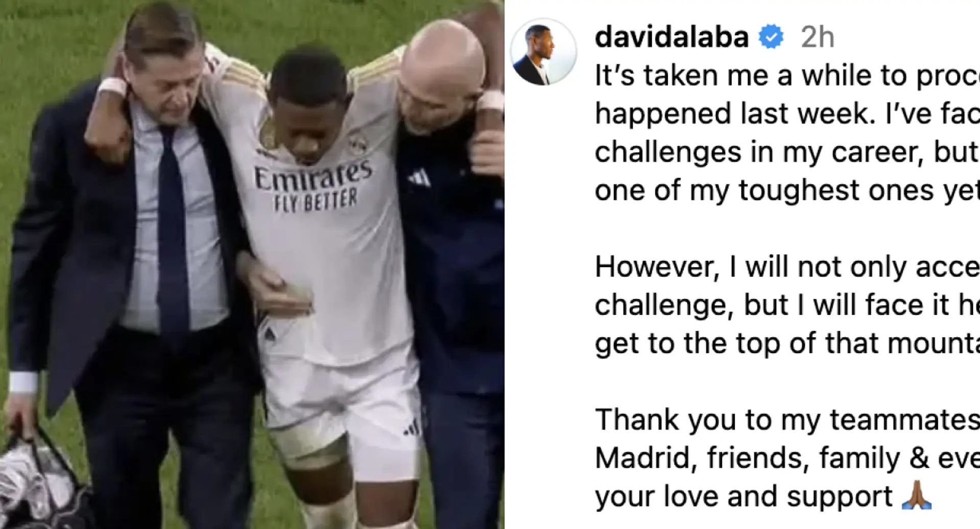 David Alaba s'adresse au Real Madrid et aux supporters dans un message sincère pour la première fois après sa blessure au LCA