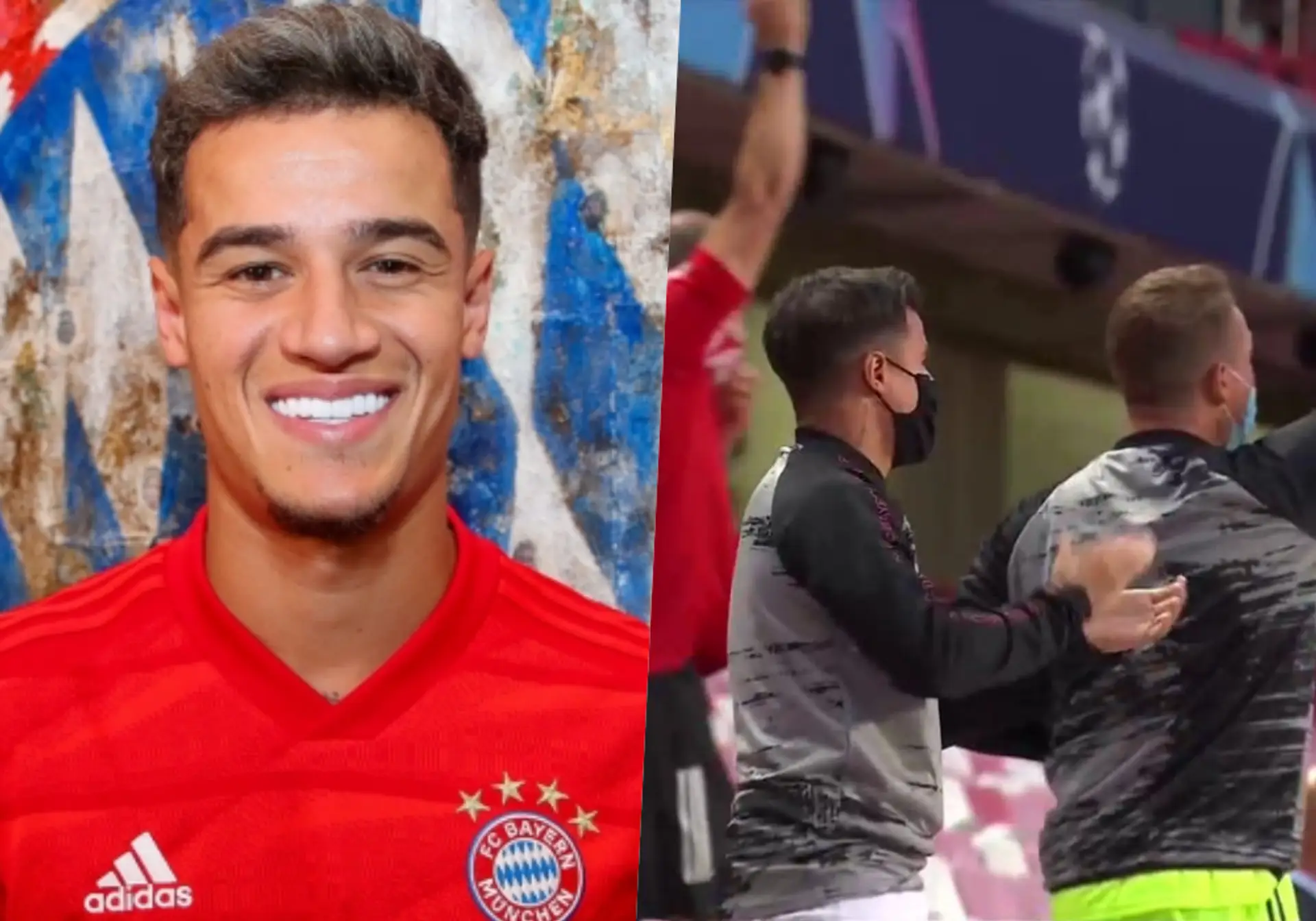 Philippe Coutinho celebrates Bayern's goals against Barcelona from the bench