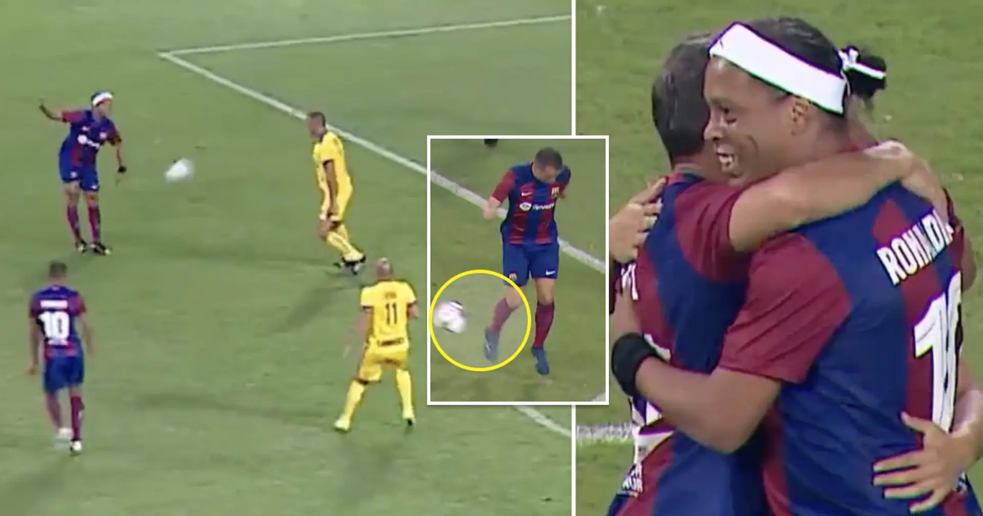 Spotted: Ronaldinho links up with Saviola to score MAGIC goal for Barca legends