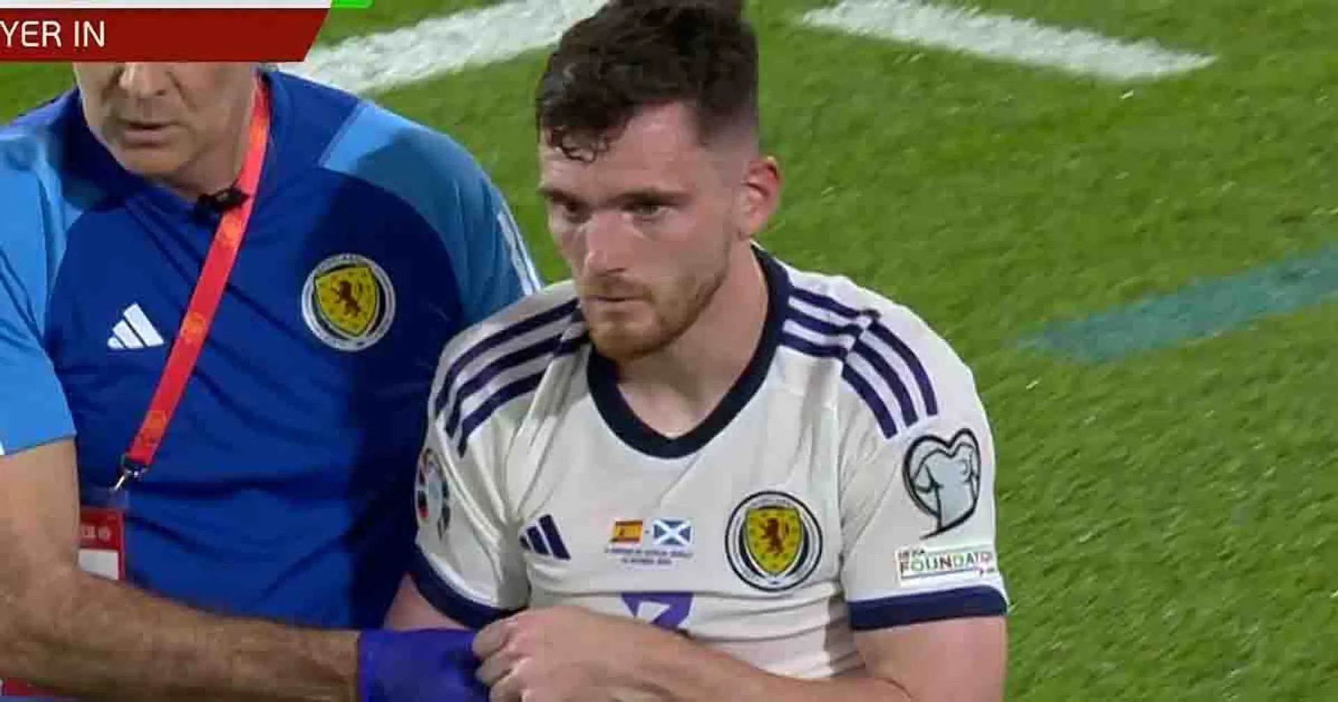 Spotted: Andy Robertson substituted vs Spain after suffering possible dislocated shoulder