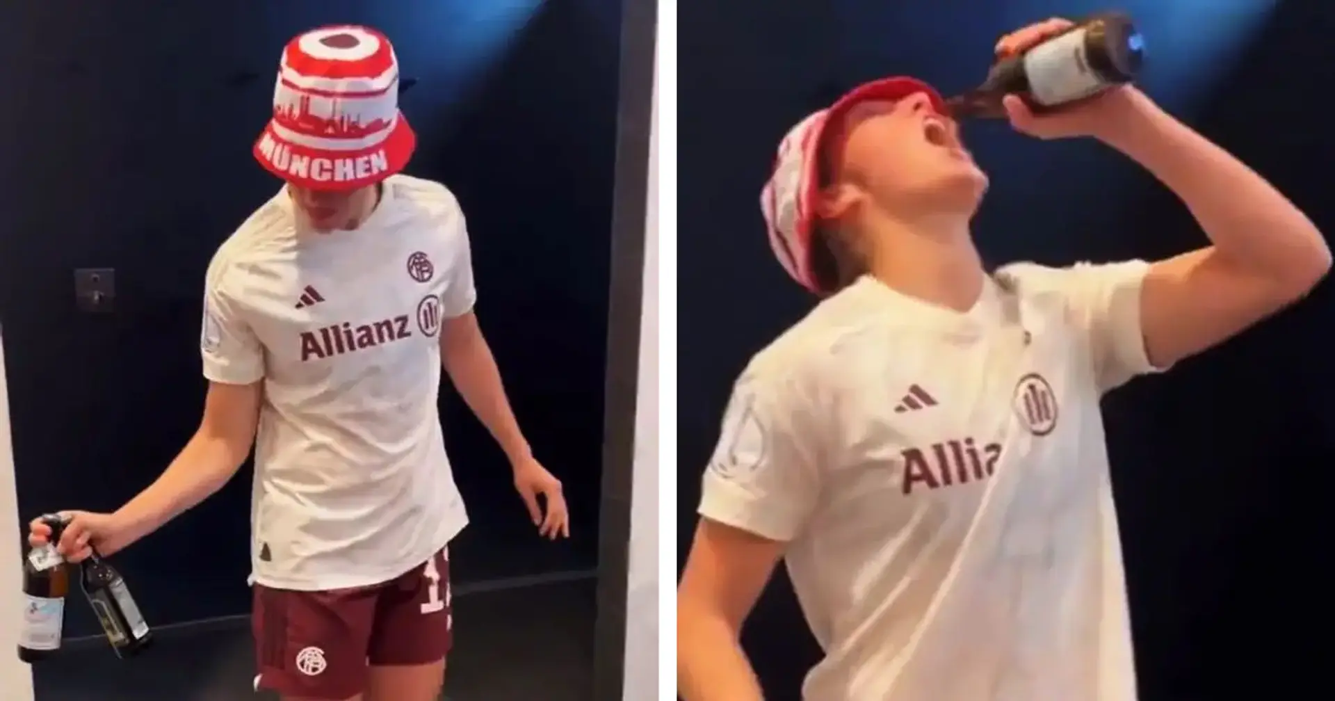 Kein Flaschenöffner nötig: Bayern-Spielerin demonstriert nach dem Einzug ins deutsche Pokalfinale einen Biertrick