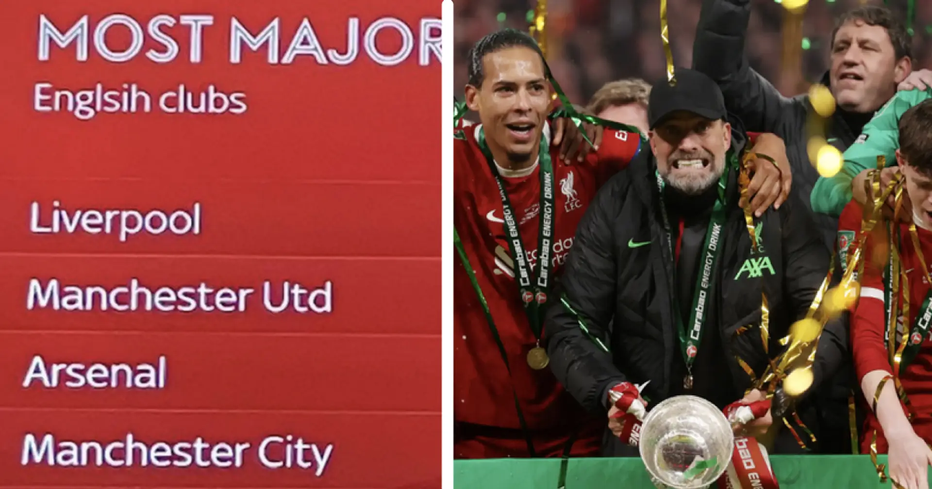 What's the gap between Liverpool and Man United in major trophies won?