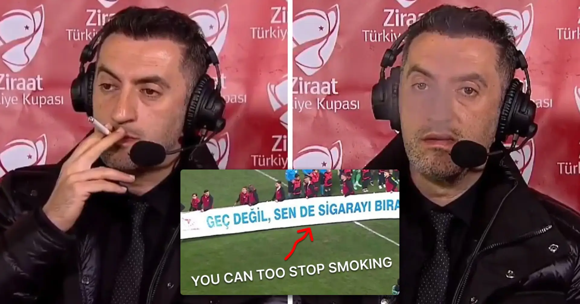 Türkischer Kommentator beim Rauchen im Live-Fernsehen erwischt, während ironischer Spruch auf dem Bildschirm gezeigt wird