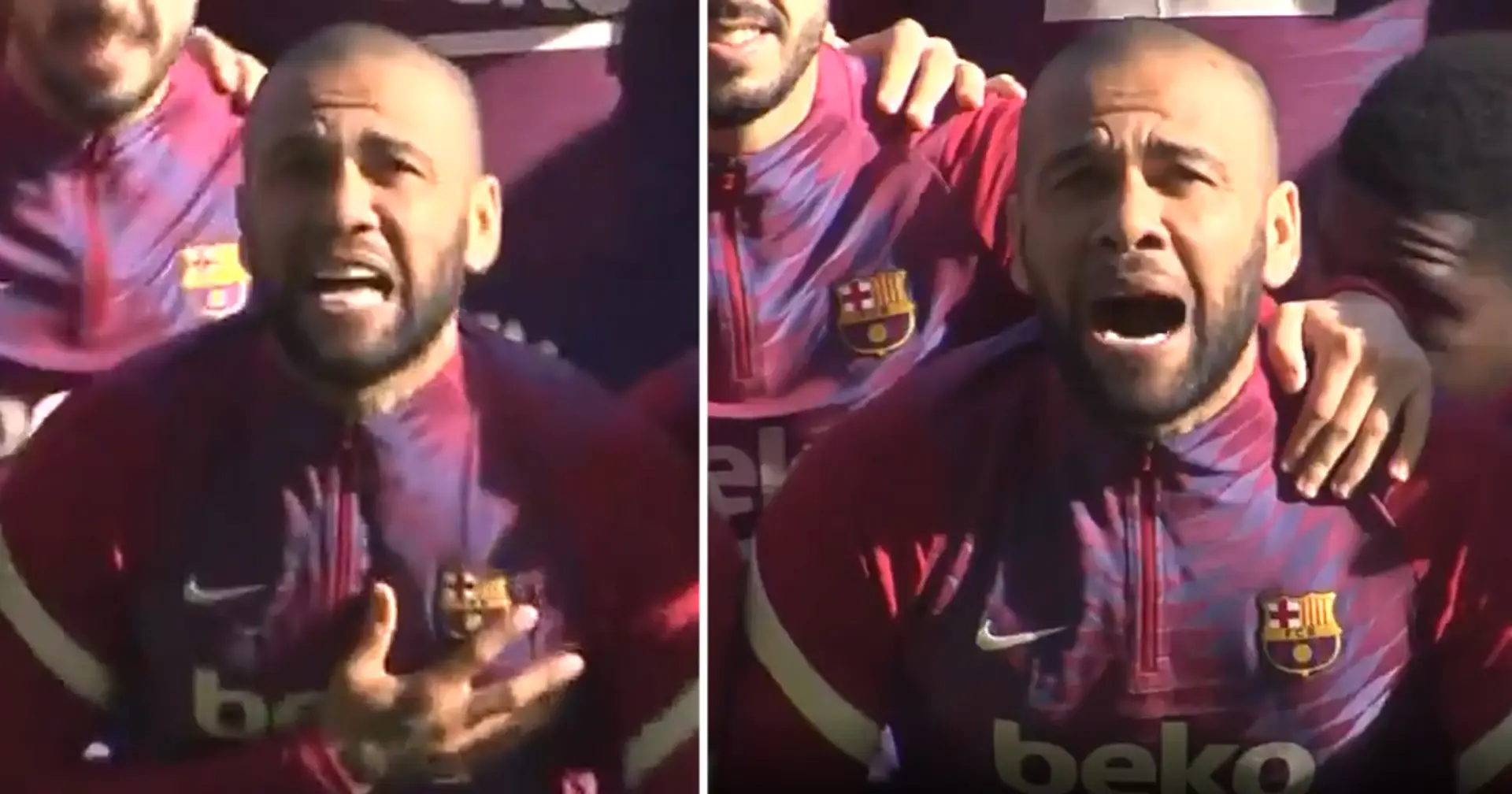 Truly cule: Dani Alves sings his heart out during Barca's anthem ahead of open training session