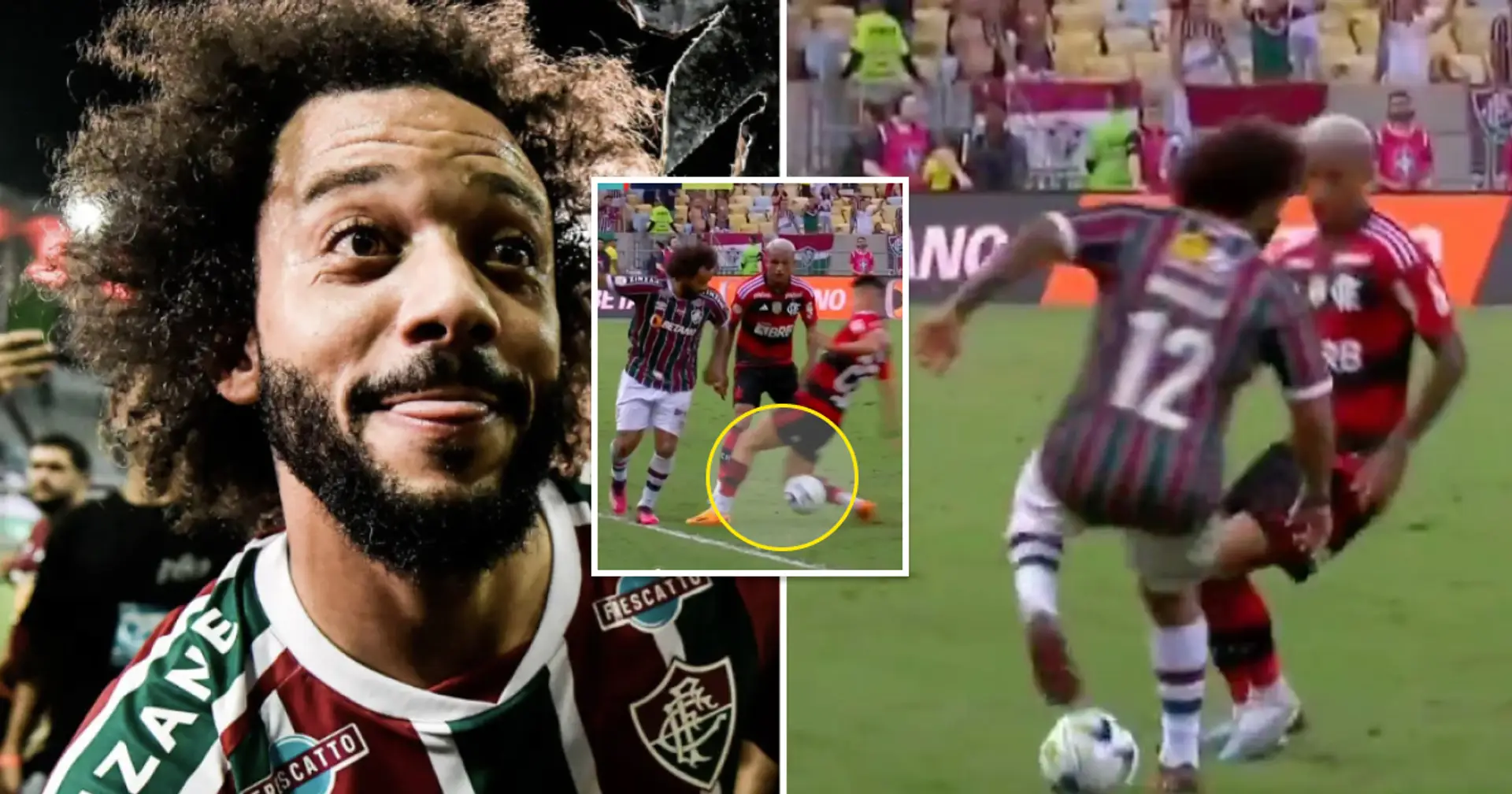 Still got it: Marcelo all smiles as he shows off skills in Brazilian derby, nutmegs his opponent