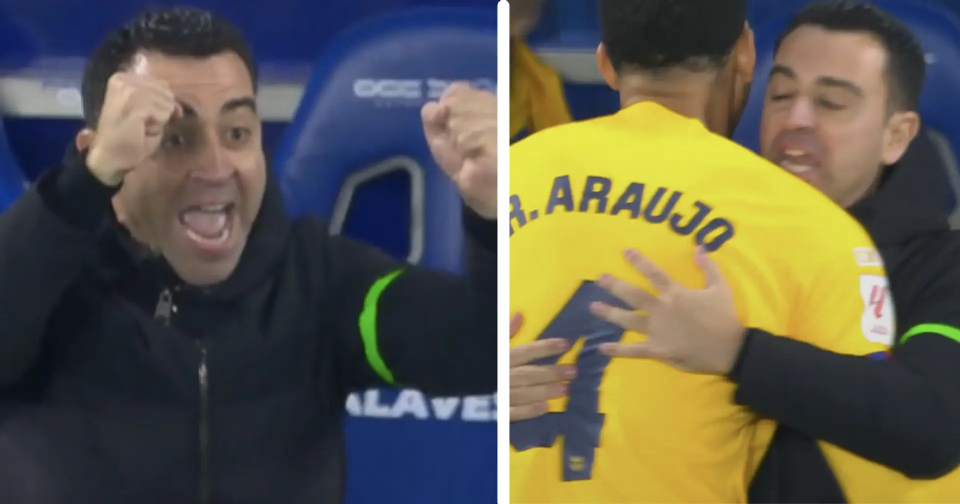 Ronald Araujo runs to Xavi to celebrate Barca's 2nd goal v Alaves