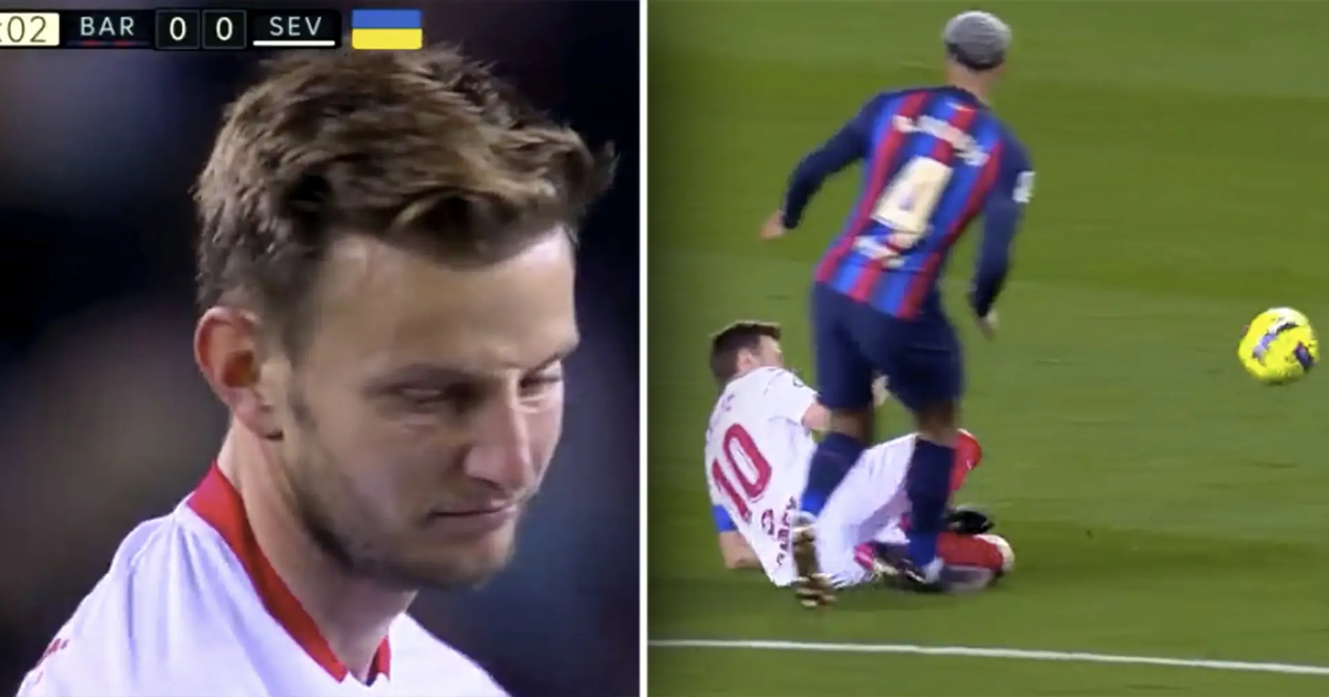 Rakitic brings Araujo down with harsh foul, his reaction spotted