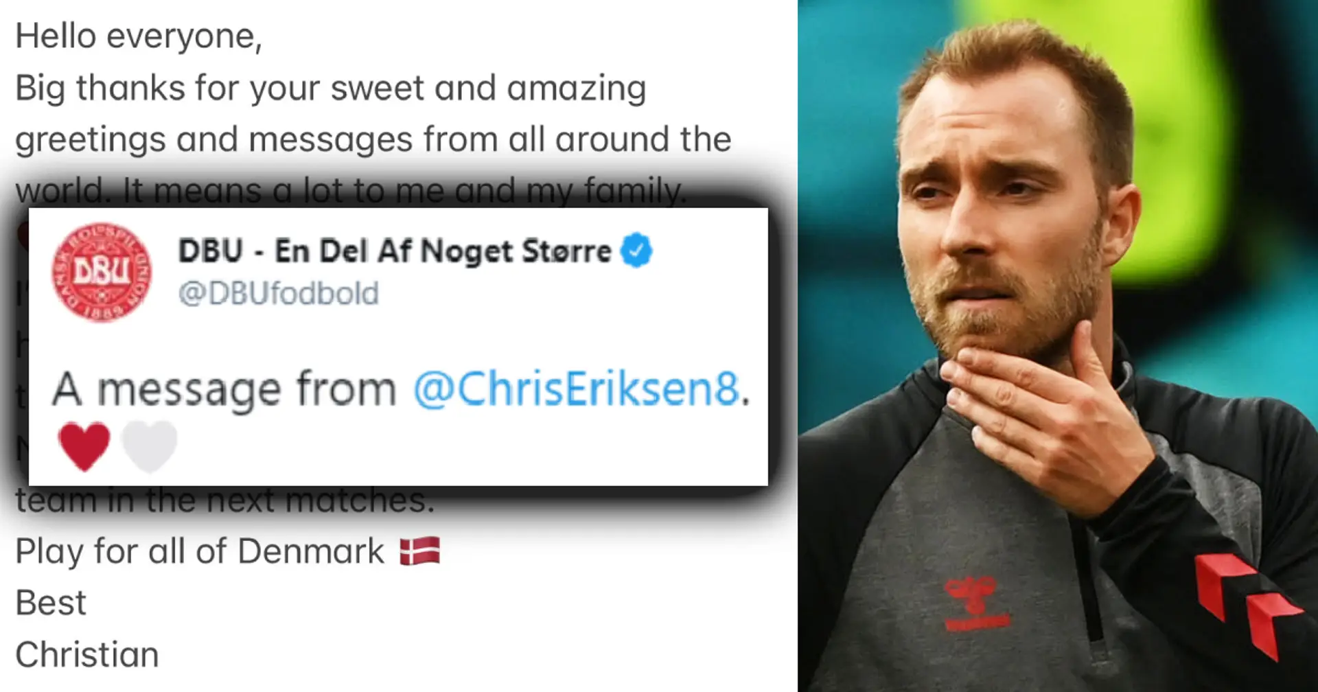 Christian Eriksen posts first pic of himself and message after on-pitch collapse