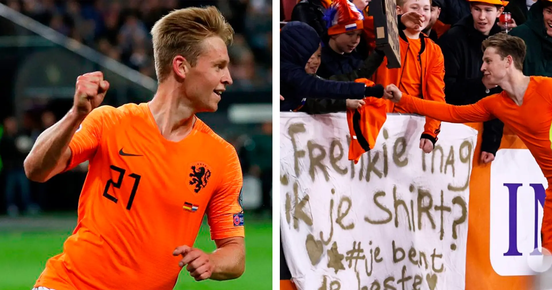 Cute: Frenkie de Jong gifts his shirt to young Dutch fan after Latvia win