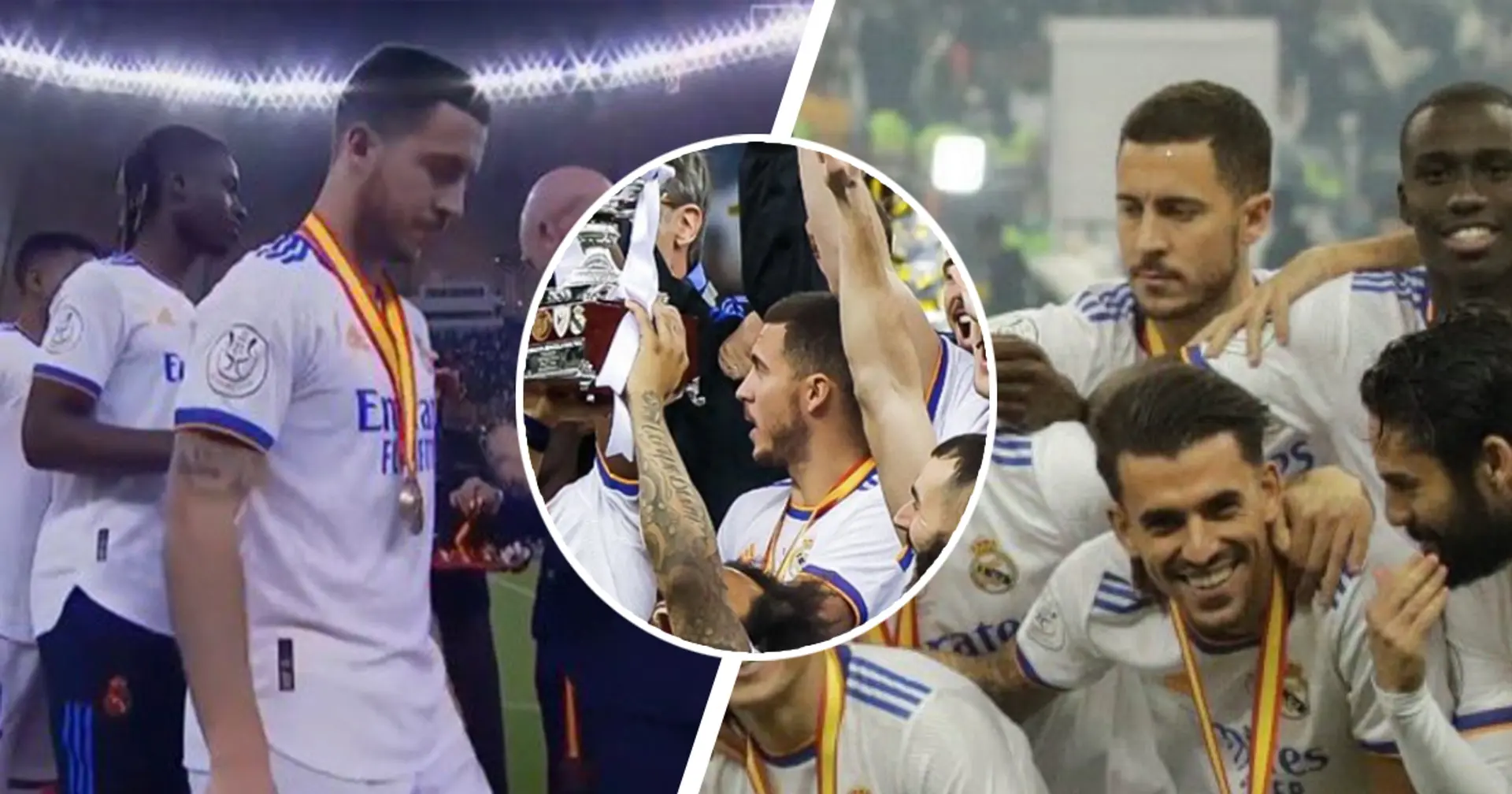 Eden Hazard non sorride durante i festeggiamenti per la Supercoppa di Spagna del Real Madrid, scene strazianti