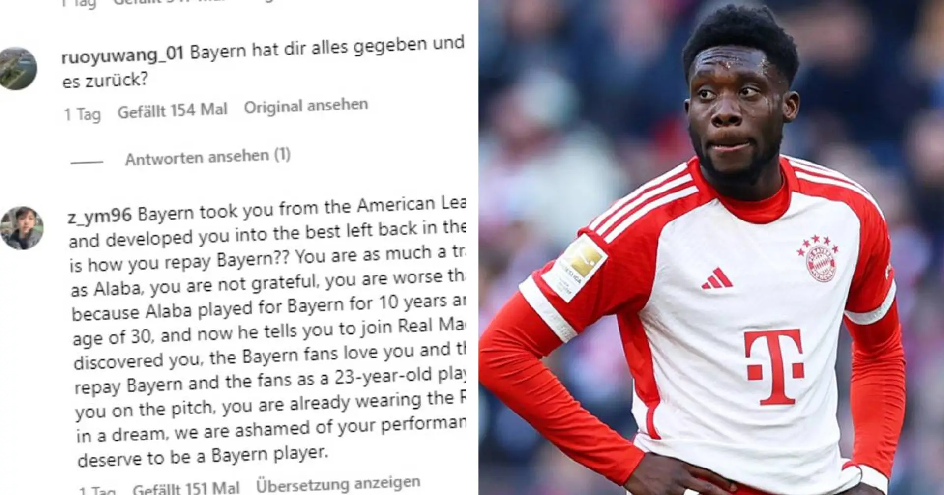 "Und so zahlst du es zurück?": Bayern-Fans üben Kritik an Davies auf Instagram nach schwacher Leistung gegen BVB