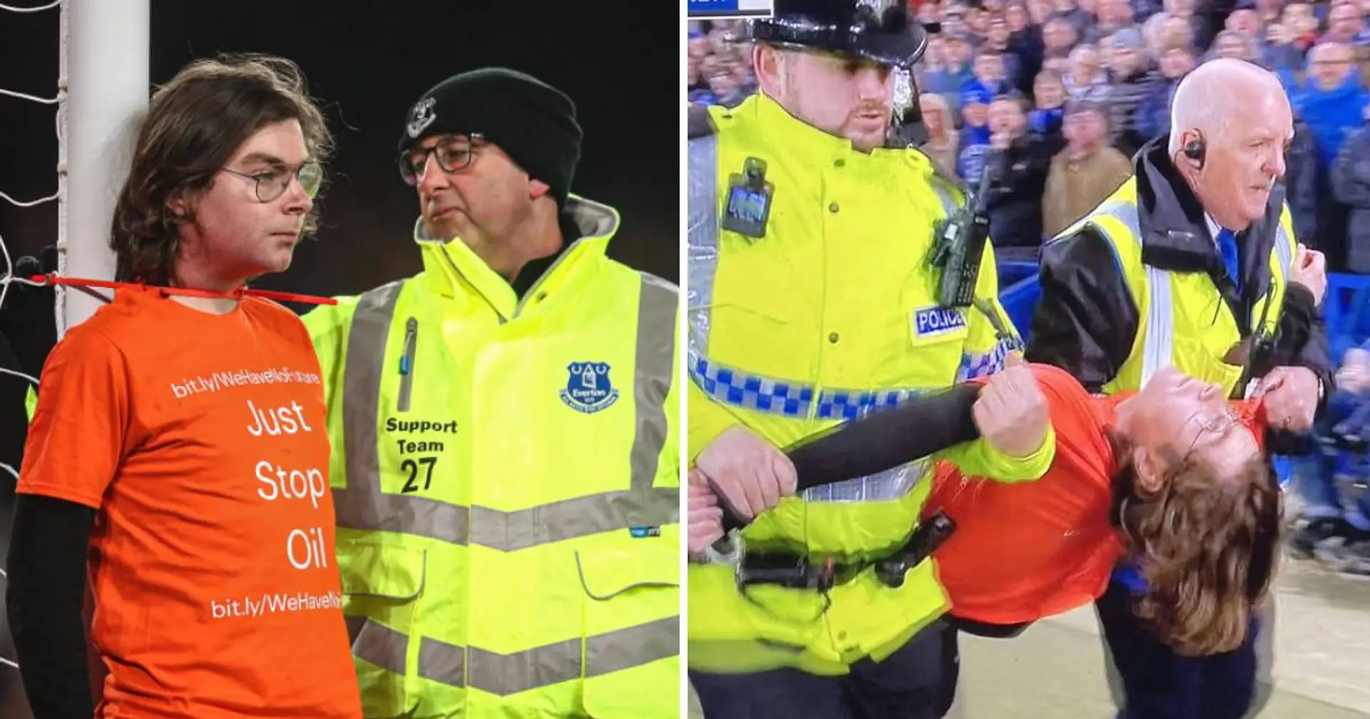 Un manifestante se ató al poste de la portería durante el partido Everton vs Newcastle