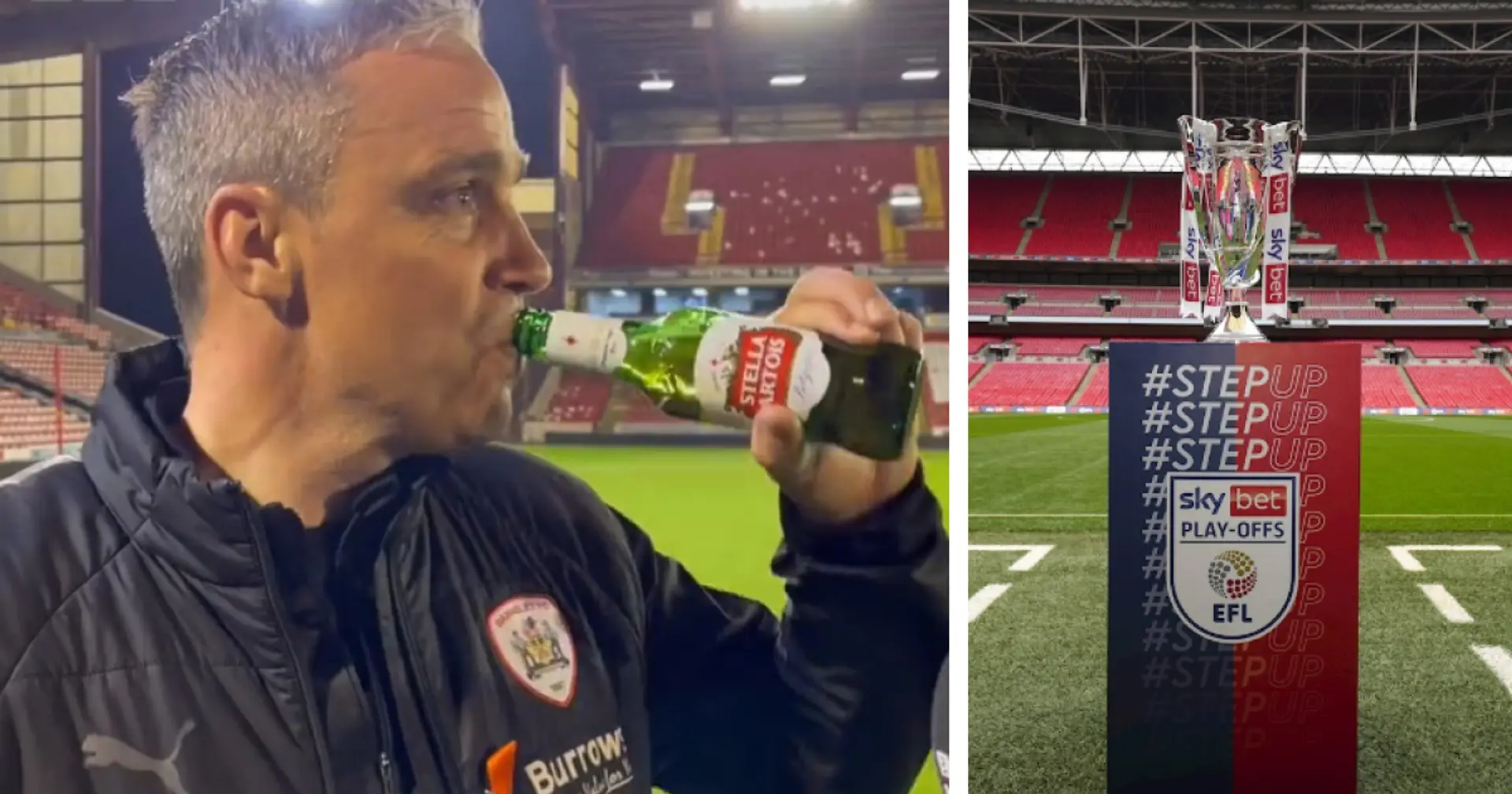 Barnsley boss swigs Stella after leading his team to Wembley final