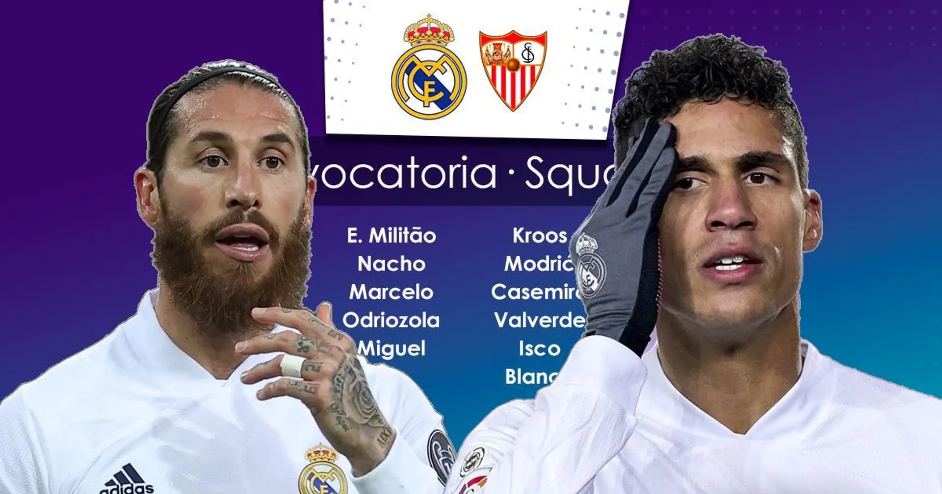 Ramos et Varane absents : le Real Madrid révèle l'équipe de 20 joueurs contre Séville