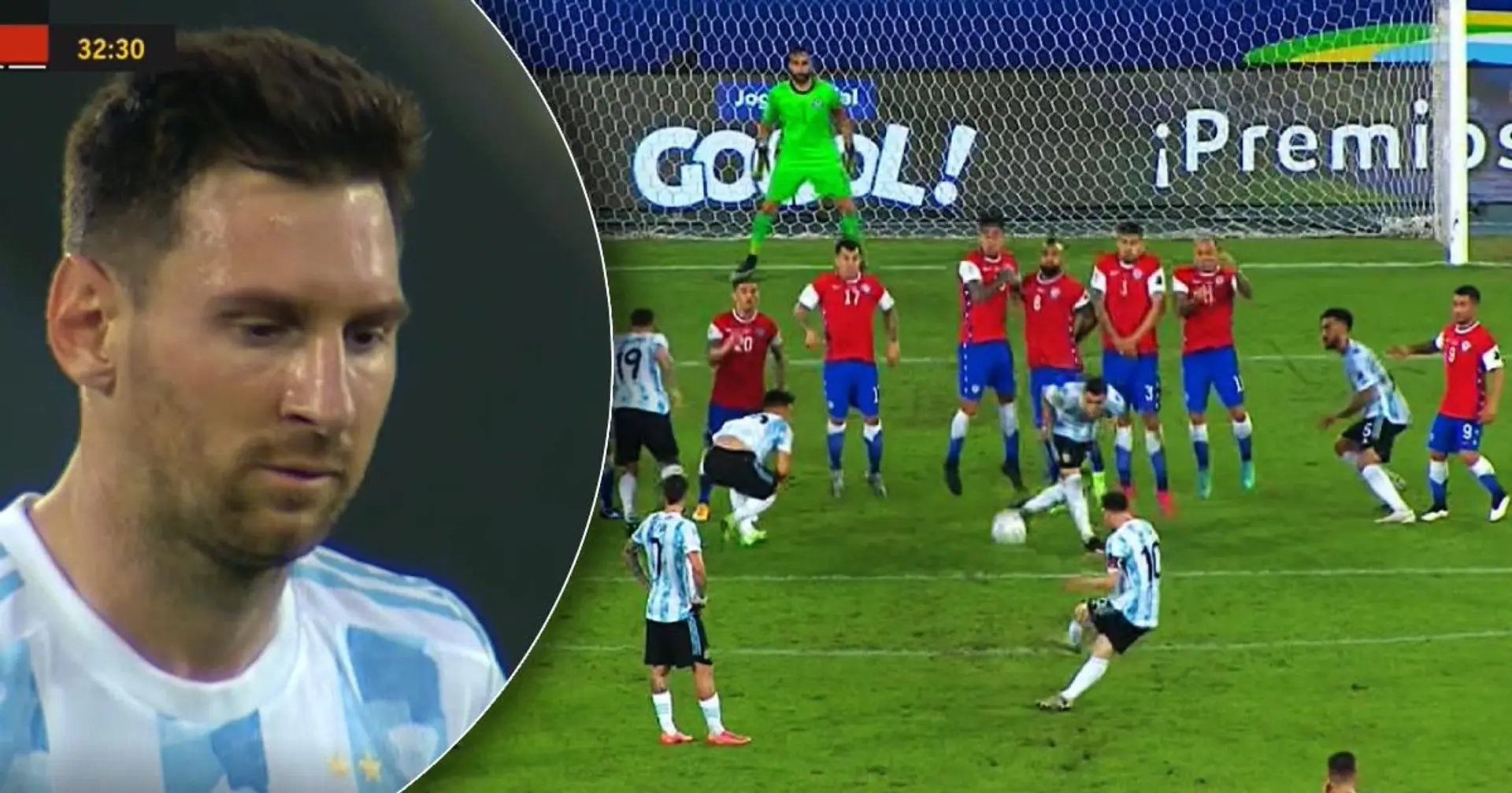 Chile stellt eine riesengroße Mauer auf, um den Freistoß von Messi zu verteidigen, aber Leo nutzt ihr schwächstes Glied