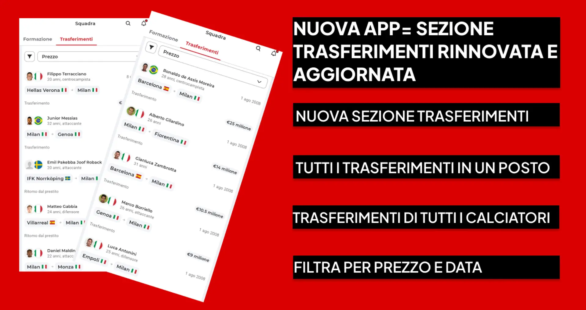 🔄Segui tutti i trasferimenti presenti e passati effettuati dal Milan in un unico posto nell'app Rossoneri Live AGGIORNATA