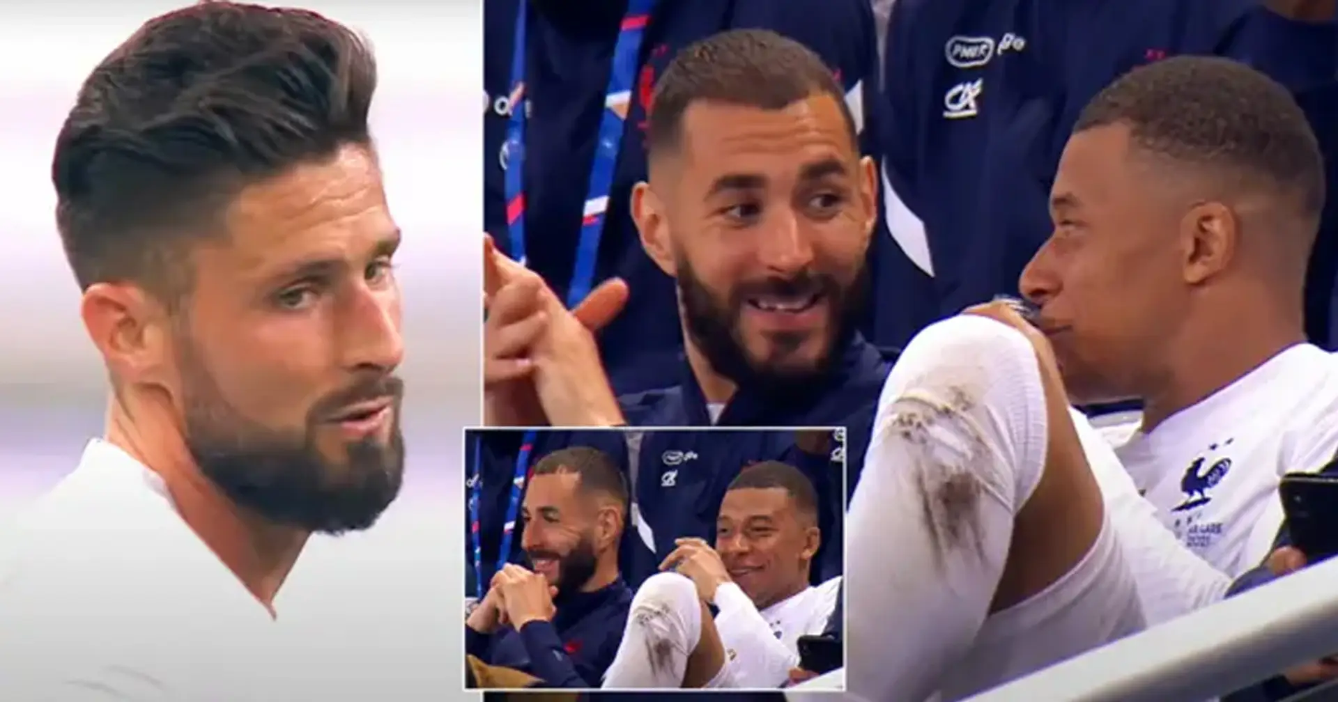 Karim Benzema y Kylian Mbappé captados por una cámara riéndose tras el gol de Oliver Giroud
